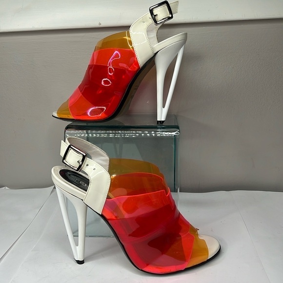 Fendi Sz 38 Multicolor Colorblock PVC Peep Toe Geometric Heels Sandals Shoes - Picture 3 of 11